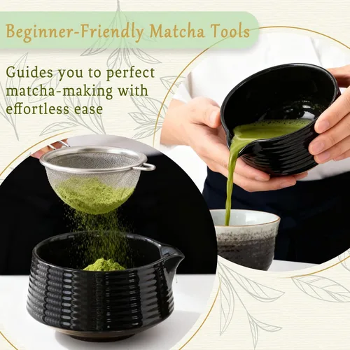 Vista 5 de Juego de 8 batidores de matcha, cuenco de bambú Chasen Matcha con boquilla, tamiz, cuchara, soporte para batidor, alfombrilla de bambú, kit completo