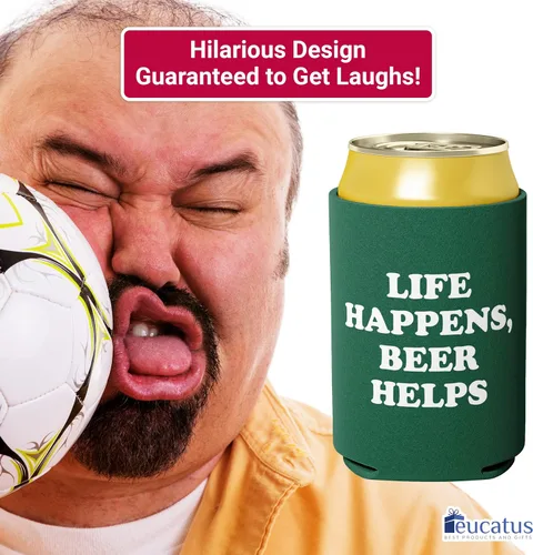 Vista 2 de Divertido soporte plegable de neopreno para bebidas, 1 pieza, fundas para bebidas con cita mordaza, Life Happens, Beer Helps. Enfriador de bebidas