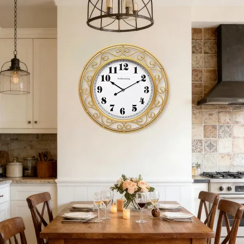 Vista 11 de SwallowLiving 20 Inch Large Metal Wall Clock – Modern Minimalist Decorative Silent Non-Ticking Hanging Clock with Gold Accent Scrollwork Design for