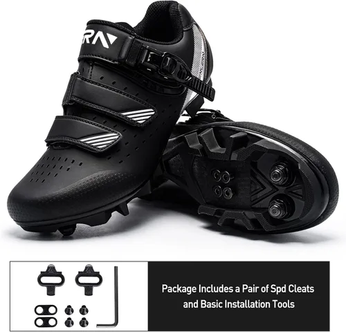 Vista 5 de FENLERN Zapatos de ciclismo para hombre, zapatos de bicicleta de montaña MTB con hebilla de trinquete rápida, para montar en interiores