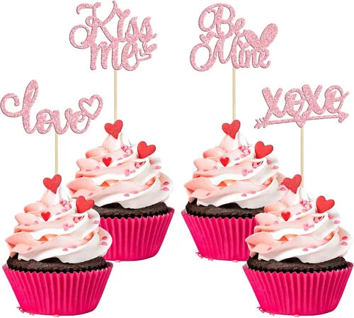 Vista 22 de Ephlyn 24 adornos para cupcakes con purpurina para el día de San Valentín, dulce amor, corazón, día de San Valentín, decoración para cupcakes