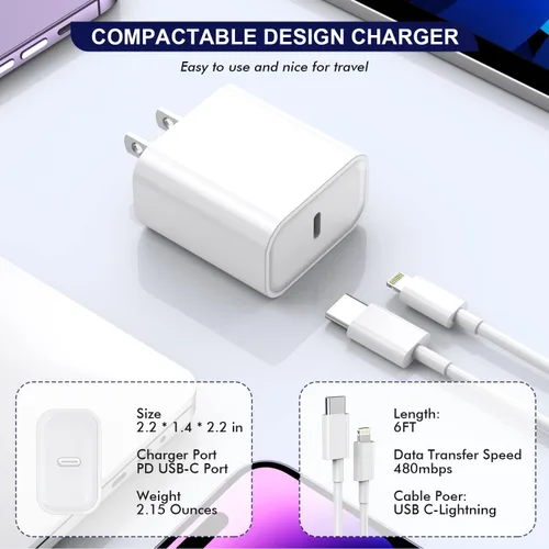 Vista 4 de Cordón de carga para iPhone de 6 pies, paquete de 3 【certificado Apple MFi】 USB C cargador rápido para iPhone, cargador de viaje, bloque de carga