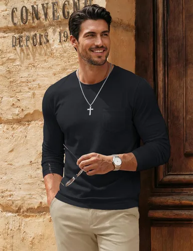 Vista 4 de MAGCOMSEN Camisa de manga larga para hombre con bolsillo, de algodón, cuello redondo, casual, ligera