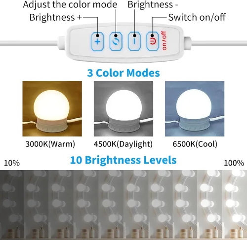 Vista 2 de Luces LED para espejo de tocador con 12 focos adhesivos regulables, 3000K 4500K 6500K y 10 niveles de brillo ajustables, enchufe con cable USB
