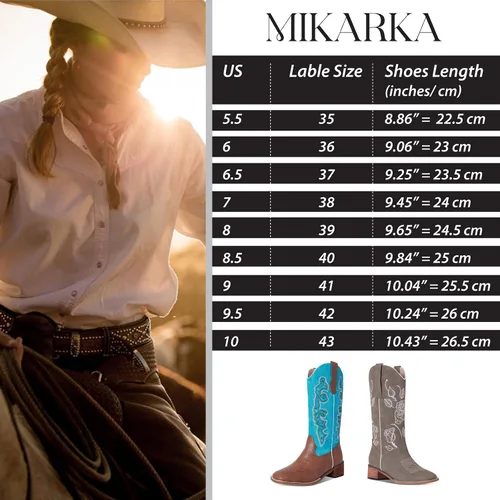 Vista 7 de mikarka Square Toe Cowboy Boots for Women Embroidery Mid Chunky Heel Mid-Calf Western Cowgirl Boot wPull On Taps