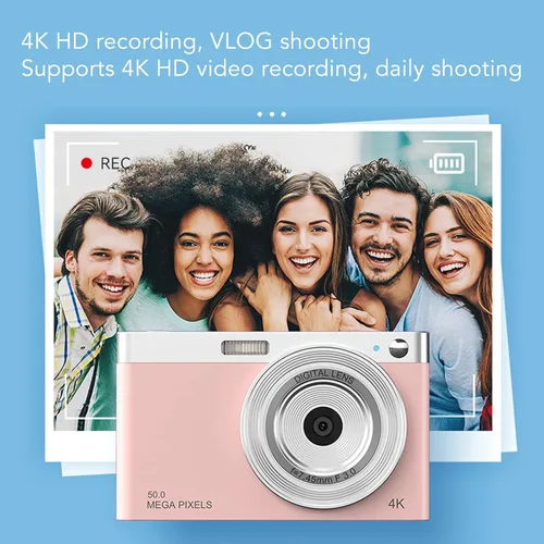 Vista 3 de Luqeeg Cámara digital 4K, cámara IPS HD de 2.88 pulgadas con enfoque automático AF, zoom digital, luz de relleno LED, rosa, compacta, 50 MP