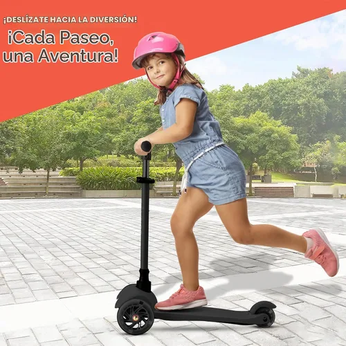 Vista 8 de Mini scooter negro de 3 ruedas para niños, inclinado para dirigir con ruedas con luces LED, manubrio ajustable, cubierta antideslizante ancha
