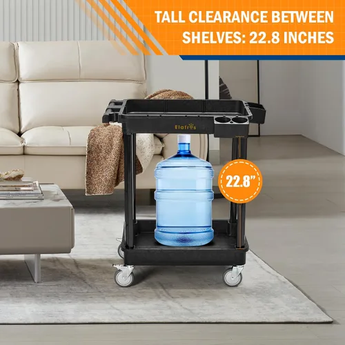 Vista 4 de ELAFROS Carrito Utilitario de 2 Estantes para Trabajo Pesado, 28 x 19 pulgadas, capacidad de 330 libras, plástico industrial, ruedas giratorias