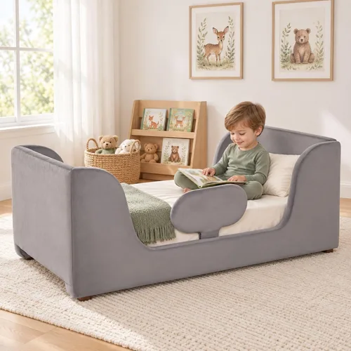 Vista 9 de Cama Montessori tapizada con rieles extraíbles Azul bebé