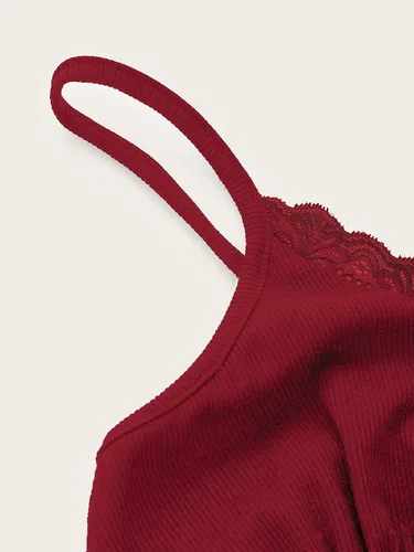 Vista 3 de MakeMeChic Camiseta corta sin mangas con cuello en V y ribete de encaje Y2K para mujer