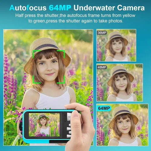 Vista 4 de Cámara subacuática 4K de 64 megapíxeles de enfoque automático de 16 pies, cámara impermeable de doble pantalla, selfie 16X, cámara subacuática