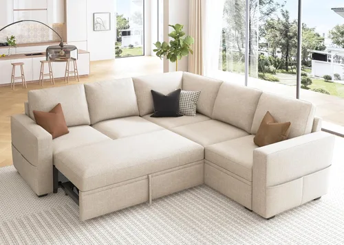 Vista 22 de HONBAY - Asiento individual para sofá cama modular con cama extraíble, sillón sin brazos personalizable para sofá modular, color beige