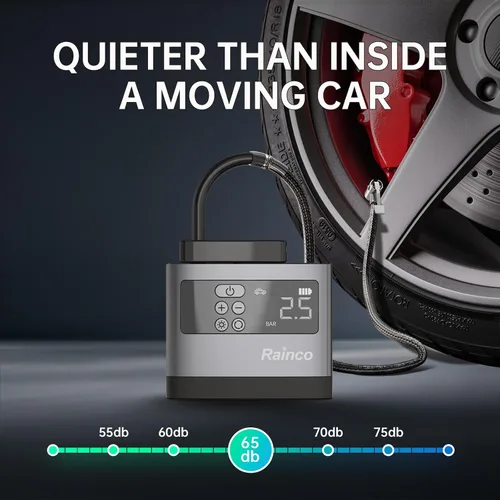 Vista 6 de Rainco Mini inflador de neumáticos, compresor de aire portátil con luz LED, bomba de aire para bicicleta, mini bomba de neumáticos de coche