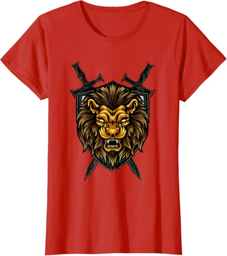 Vista 99 de Camiseta con diseño de caballero medieval renacentista, con diseño de espada de león, Negro, S