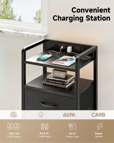 Vista 5 de Lazzanto Mesita de noche para dormitorio, mesita de noche con estación de carga y tira de luz LED, mesita de noche con estante de almacenamiento y 2