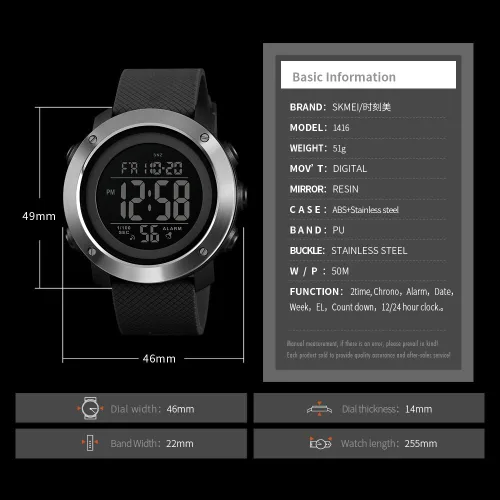 Vista 6 de Reloj deportivo digital para hombre, resistente al agua, con cronómetro, alarma, LED, luz trasera