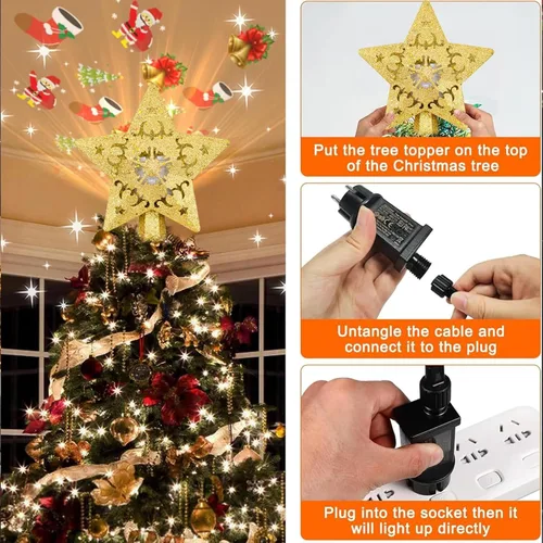 Vista 6 de AOMIL Adorno para la punta del árbol de Navidad, proyector de patrón giratorio 3D para adorno de árbol de Navidad, diseño hueco, decoraciones