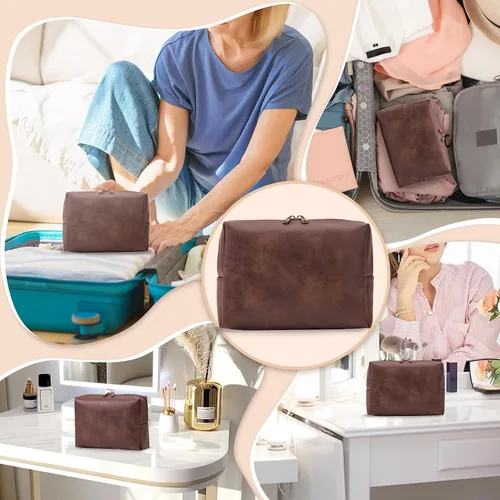 Vista 4 de Bolsa de cosméticos personalizada pequeña pana maquillaje bolsa de viaje organizador de cepillos de almacenamiento, Marrón