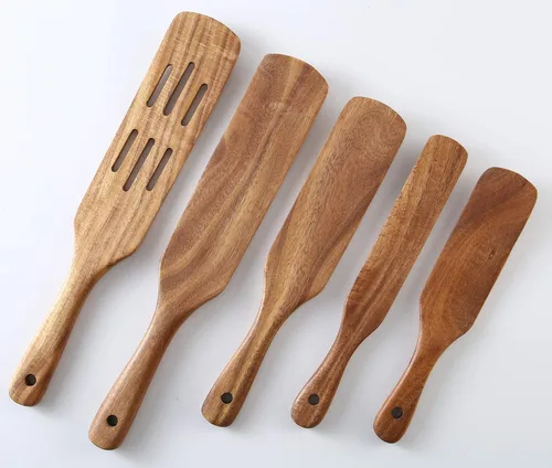 Vista 2 de MESSON Juego de espátulas de madera, 5 piezas, herramientas de cocina de madera de primera calidad, espátula de madera, cucharas, utensilios