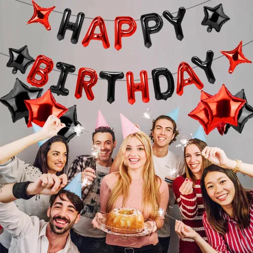 Vista 6 de Cartel de feliz cumpleaños – 13 globos negros y rojos, globo de letras de aluminio de 16 pulgadas con 12 globos de estrella para suministros