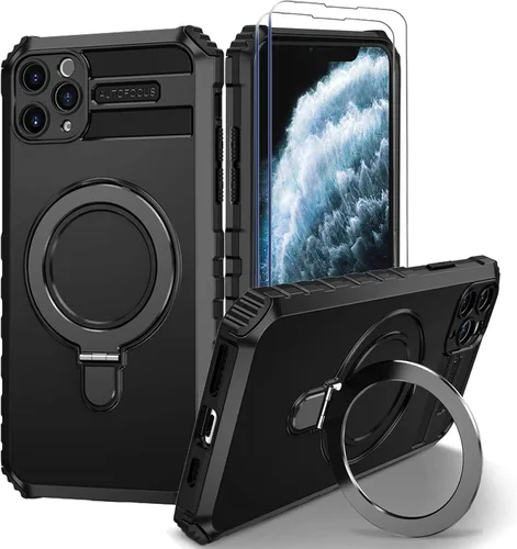 Vista 21 de Funda magnética para iPhone 11 [compatible con MagSafe] con 2 protectores de pantalla de vidrio templado con soporte de anillo, grado militar Azul