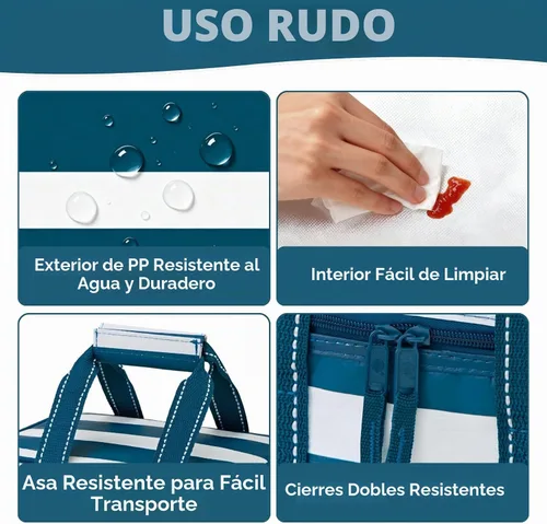Vista 5 de VENO Paquete de 2 bolsas de almuerzo aisladas, resistentes al agua Raya azul marino clásica