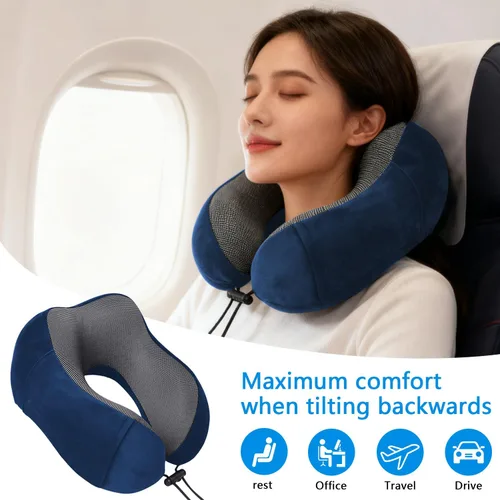 Vista 3 de Almohada cervical de viaje con espuma viscoelástica, soporte ergonómico, hebilla ajustable, incluye máscara de ojos y tapones para los oídos, funda