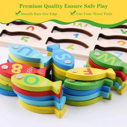 Vista 11 de Slotic Juego de pesca de madera magnético para niños pequeños – Alfabeto ABC Fish Catching Counting Aprendizaje Educación Matemáticas Preescolar