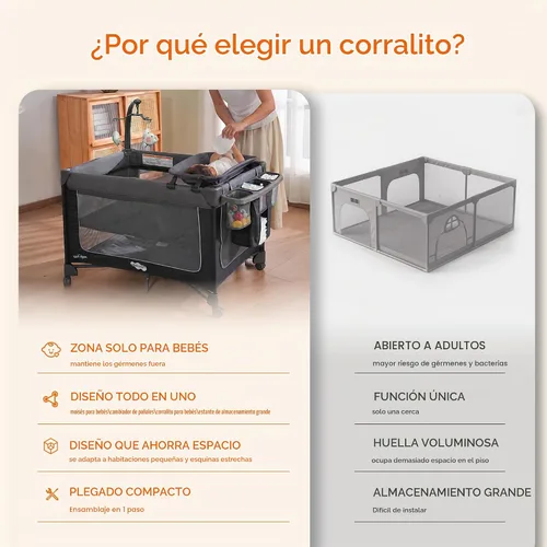 Vista 4 de Pamo Babe Pack and Play con moisés Magic Fold Playard 1 Step Set Plegable Corralito para bebé con cambiador portátil corralito gris
