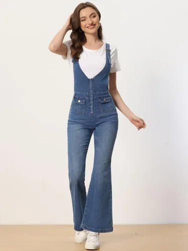Vista 4 de Allegra K Overol de mezclilla para mujer, estilo casual, ajustable, con pechera acampanada, pantalones de mezclilla