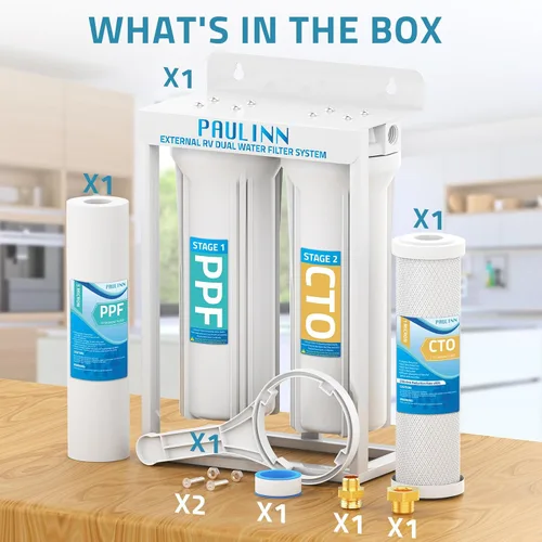 Vista 6 de PAULINN Sistema de Filtros de Agua Dobles Externos para RV, Filtro de Agua para Caravana Libre de Plomo y BPA con Accesorios de Latón y Soporte