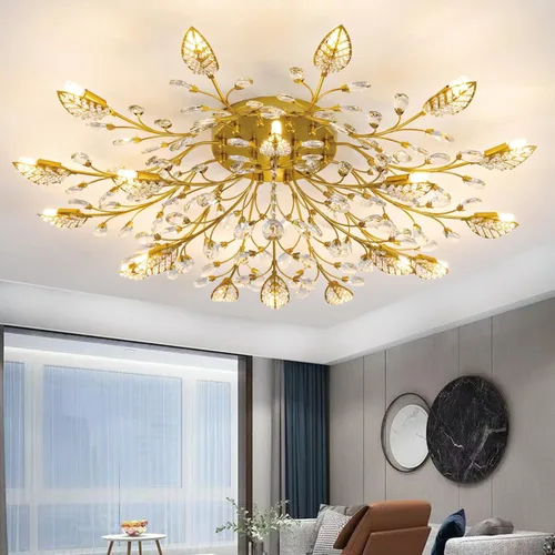 Vista 14 de Lámpara de techo de cristal, lámpara de flores, luces de techo semiempotradas de hojas doradas, accesorios de iluminación de cocina para dormitorio