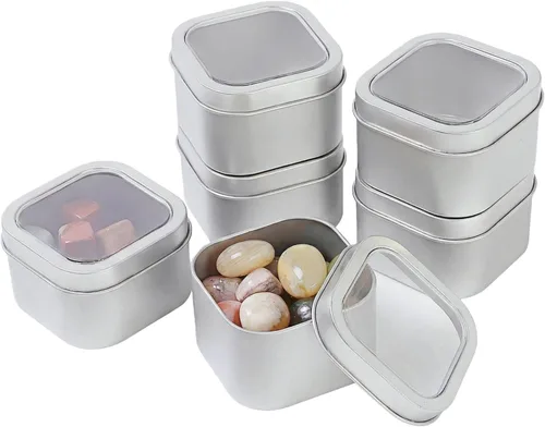 Vista 6 de LJY Latas cuadradas vacías de metal plateado de capacidad de 8 onzas con ventana transparente para hacer velas, dulces, regalos y tesoros