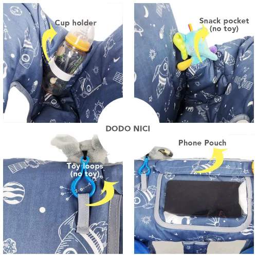 Vista 4 de Funda para carrito de compras para bebé/niño, acogedora funda para silla alta, nave espacial azul