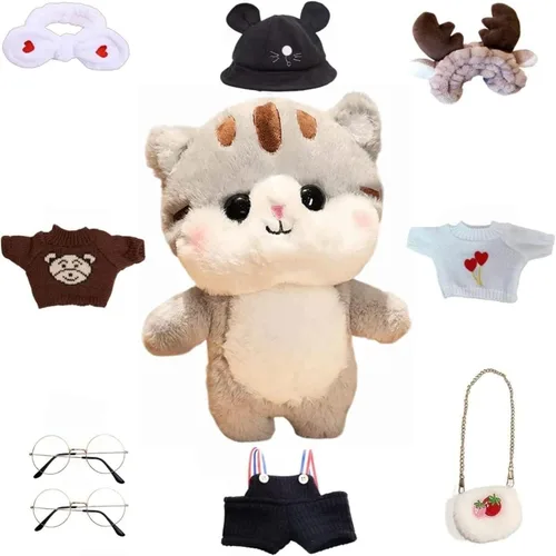 Vista 9 de Juguete de peluche de pato con 9 trajes y accesorios para combinar con ropa de vestir para niños (12 pulgadas) (gato gris)