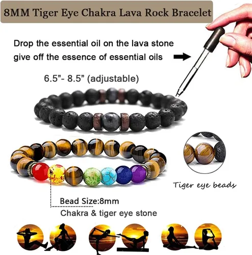 Vista 2 de Jewdreamer 6-12 pulseras de piedra de lava negra de 7 chakras para hombres y mujeres, mezcla de cuentas de roca Yinyang de 0.315in, piedras