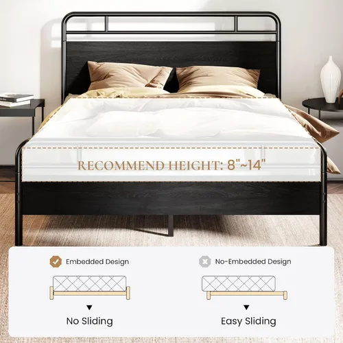 Vista 8 de SHA CERLIN Base de cama tamaño completo con cabecera de madera industrial vintage, plataforma de metal resistente con almacenamiento debajo