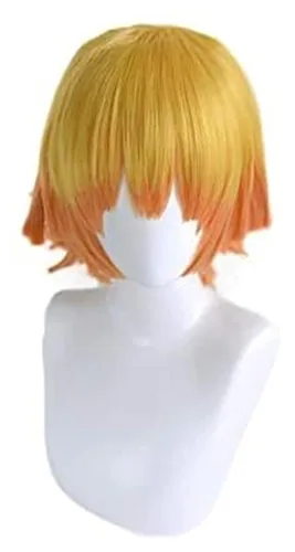 Vista 5 de LCNING Demon Slayer Kimetsu No Yaiba Agatsuma Zenitsu - Peluca de cosplay para hombres y mujeres resistente al calor pelucas de cosplay