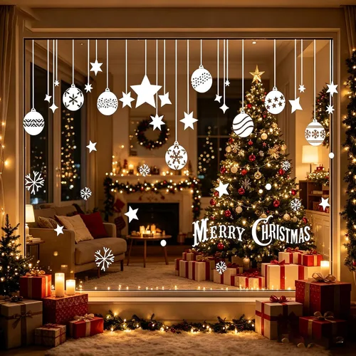 Vista 8 de Adhesivos para ventana de Navidad, copos de nieve, decoraciones de bolas de Navidad grandes para vidrio, calcomanías de invierno de país