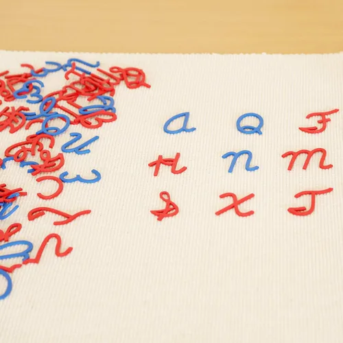 Vista 2 de Montessori - Letras pequeñas del alfabeto movible (mayúscula, cursiva, mezcla de azul y rojo), materiales Montessori, herramientas educativas