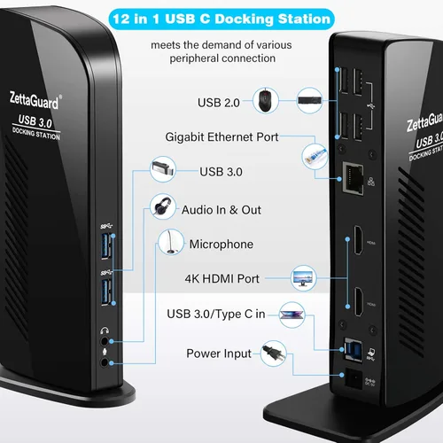 Vista 8 de Estación de acoplamiento universal USB 3.0 de doble pantalla 4K, pantalla de monitor de video dual con HDMI dual 4K x 2K a 60 Hz, Gigabit Ethernet