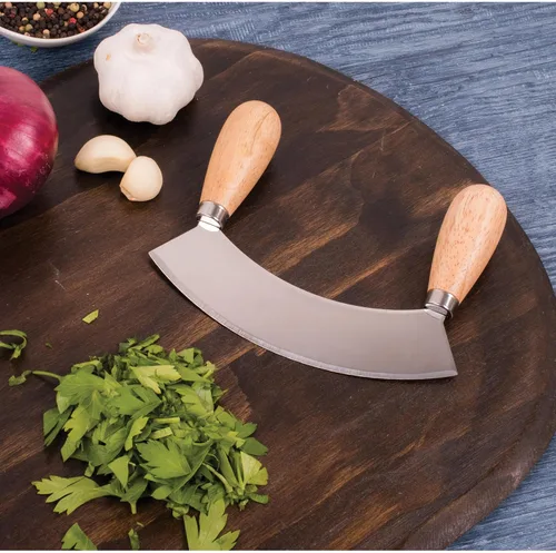 Vista 5 de HIC Kitchen Mezzaluna - Picador mecedor y cuchillo de picar con asas dobles, acero inoxidable, madera de caucho, para hierbas, verduras, nueces y más