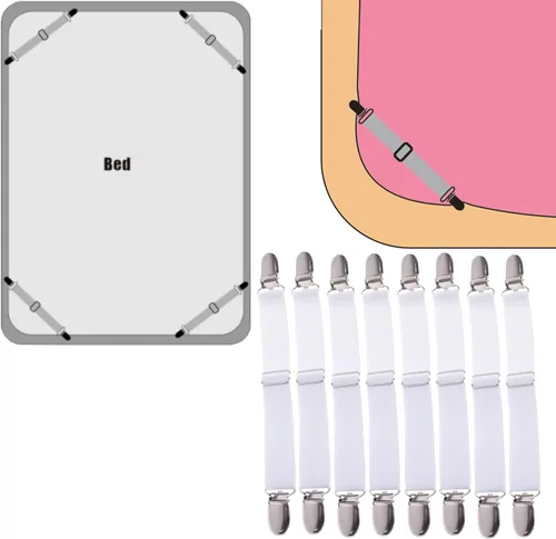 Vista 3 de Cosmos Paquete de 8 sujetadores ajustables con tirantes y clips elásticos para sábanas, fundas de colchón, cojín de sofá