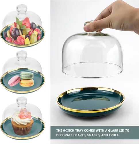 Vista 3 de DOERDO - Soporte para pasteles de 6 pulgadas con cúpula, plato de cerámica con cúpula de vidrio transparente, para macarrón, queso, postres, 6 x 4.7