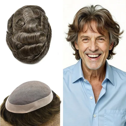 Vista 100 de Mens Toupee Hair Piece Real Human Hair Fine Mono Toupee para hombres Sistema de reemplazo de cabello para hombre Postizo Protesis Capilar Para