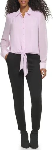Vista 4 de Calvin Klein Blusa de gasa de poliéster con hombros fruncidos para mujer
