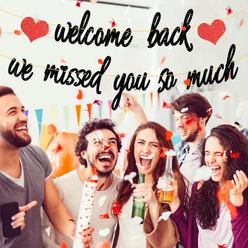 Vista 2 de Decoraciones de bienvenida, pancarta con purpurina con texto en inglés "We Missed You So Much", decoración patriótica de bienvenida a casa, militar