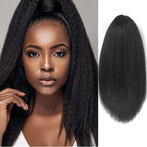 Vista 16 de Cola de caballo recta Yaki de 12 pulgadas con cordón para mujeres negras, sintética, gruesa, recta, longitud del hombro, extensión de cola