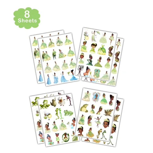 Vista 4 de 8 hojas de tatuajes temporales de princesa Tiana para suministros de fiesta, tatuajes temporales de princesa y rana para decoraciones de fiesta
