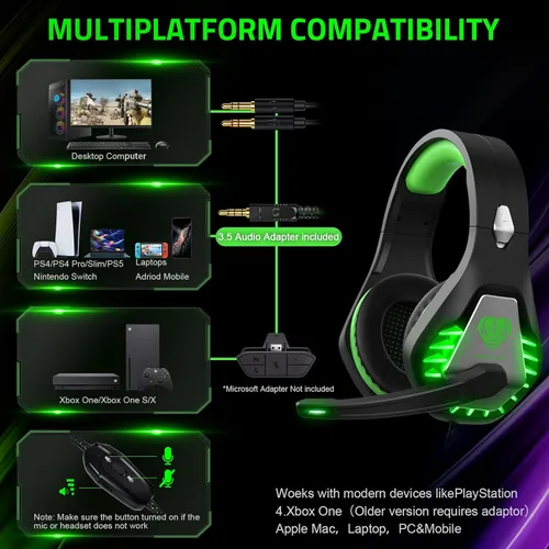 Vista 4 de Pacrate Auriculares para juegos con micrófono para Switch PC, PS4, PS5, Xbox One, cancelación de ruido, auriculares para juegos con luces LED